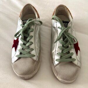 Golden Goose Superstar Silver leather, Suede Toe, Red Star and Pink Glitter Heel